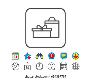 Gift box with bag line icon. Present or Sale sign. Birthday Shopping symbol. Package in Gift Wrap. Calendar, Globe and Chat line signs. Binoculars, Award and Download icons. Editable stroke. Vector
