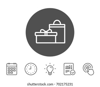 Gift box with bag line icon. Present or Sale sign. Birthday Shopping symbol. Package in Gift Wrap. Report, Clock and Calendar line signs. Light bulb and Click icons. Editable stroke. Vector