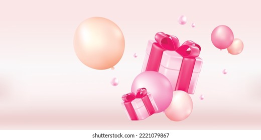 Gift box and balloon decoration on pink background. Happy Birthday background. Realistic 3d illustration vector.