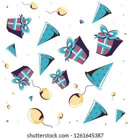 gift box with balloon helium and hat party pattern