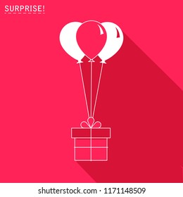 Gift box with balloon icon or greeting holiday card. Flat design. Vector background