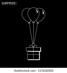 Gift box with balloon icon or greeting holiday card. Flat design. Vector background