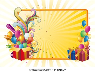 caja de regalo y globo, fondo de celebración