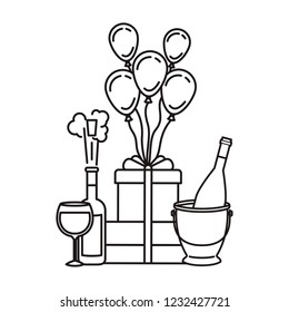 gift box with balloons and bottle of champagne