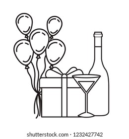 gift box with balloons and bottle of champagne