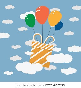 Gift box with balloons and clouds in the air