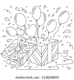 Caja de regalo con globos. Colorando la página del libro para los niños. Estilo de caricatura. Ilustración vectorial aislada en fondo blanco.