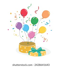 Gift box with balloons and confetti. Flat vector in cartoon style isolated on white background. Birthday gift, congratulation concept. Birthday element. Party and celebration vector.