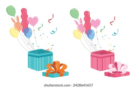 Gift box with balloons and confetti. Flat vector in cartoon style isolated on white background. Birthday gift, congratulation concept. Birthday element. Party and celebration vector.