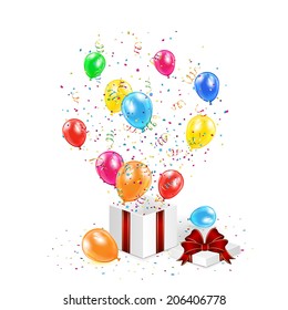 Gift box with balloons, confetti and tinsel on white background, illustration. 
