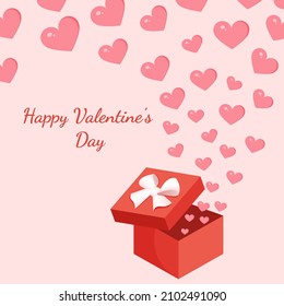 Caja de regalo con globos en forma de corazones. Ilustración vectorial del día de San Valentín para postal, textil, decoración, afiche. Tarjeta de felicitación