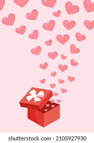 Caja de regalo con globos en forma de corazones. Ilustración vectorial del día de San Valentín para postal, textil, decoración, afiche. Tarjeta de felicitación.