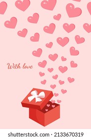 Gift box with balloons in the form of hearts. Vector illustration for valentine's day for postcard, textile, decor, poster. Greeting card.