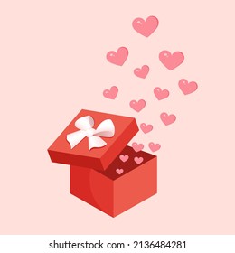 Gift box with balloons in the form of hearts. Vector illustration for valentine's day for postcard, textile, decor, poster. Greeting card.