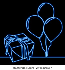 Gift box with balloons helium floating icon neon glow vector illustration concept