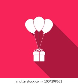 Gift box with balloons icon isolated with long shadow. Flat design. Vector Illustration