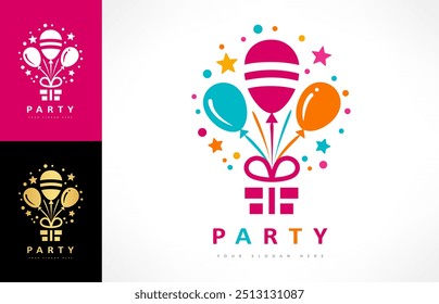 Caja de regalo con el logotipo de los globos. Diseño de fiesta.