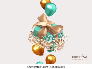 Gift box with balloons realistic design. Kinetic text lettering merry Christmas trend style. Falling ballons and presents boxes. gold glitter confetti. Holiday Greeting card, banner, poster. Vector