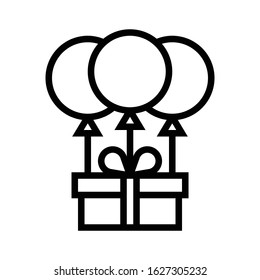 Gift box with balloons vector illustration, line design icon
