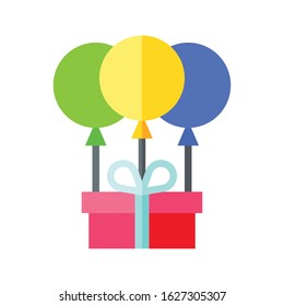 Gift box with balloons vector illustration, flat design icon
