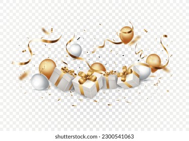 Gift box banner with gold confetti and balloons