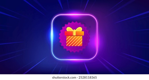 Gift box banner. Neon light frame offer banner. Discount sale sticker. Coupon present icon. Gift box promo event flyer, poster. Sunburst neon coupon. Flash special deal. Vector