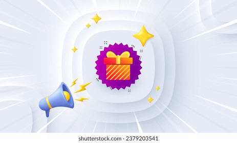 Cartel de la caja de regalo. Cartel en 3d, afiche. Etiqueta de venta de descuento. Icono de regalo de cupón. Fondo del evento de promoción de caja de regalo. Banner, volante o cupón de la explosión del sol. Vector