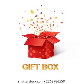 Gift box banner. Present and surprise with confetti, holiday and festival. Special offer for regular customers, gift and prize. Cartoon isometric vector illustration isolated on white background