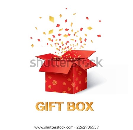 Gift box banner. Present and surprise with confetti, holiday and festival. Special offer for regular customers, gift and prize. Cartoon isometric vector illustration isolated on white background