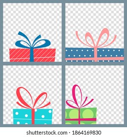 Gift box banner set. Social media post layout. Christmas sale, birthday, giveaway frame template. Vector illustration.