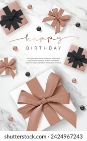 Gift box banner template. Happy birthday greeting card, Top view 3D gold bow and black ball on white marble background for luxury modern party poster, celebration card, holiday. Top view, Vector