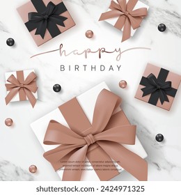 Gift box banner template. Happy birthday greeting card, Top view 3D gold bow and black ball on white marble background for luxury modern party poster, celebration card, holiday. Top view, Vector