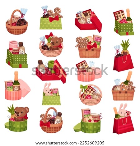 Gift Box and Basket Full of Stuff and Goodie Big Vector Set