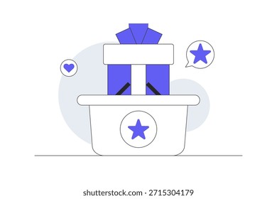 Caja de regalo en cesta. Regalo de lealtad. Programa de recompensas, ganar puntos. Programa de lealtad, incentivos, ganancia o canje. Ilustración vectorial plana de la historieta, icono Web elegante de la página de aterrizaje del diseño abstracto 