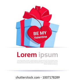 Gift Box With Be My Valentine Greeting Tag Heart Shape On Template White Background Flat Vector Illustration