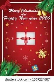 gift box beautiful decorated with Christmas decorations and trees.
Snowy Christmas on a red background on the holiday season near New Year 2020.