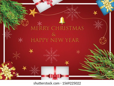 gift box beautiful decorated with Christmas decorations and trees.
Snowy Christmas on a red background on the holiday season near New Year 2020.