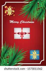 gift box beautiful decorated with Christmas decorations and trees.
Snowy Christmas on a red background on the holiday season near New Year 2020.