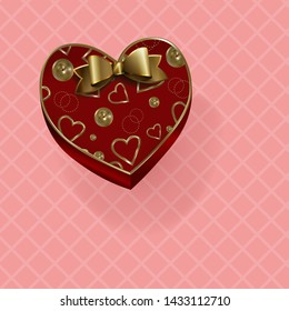 Gift box with a beautiful golden bow on a background of white squares. Vector illustration.