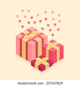 Gift box with beige bows. Isometric