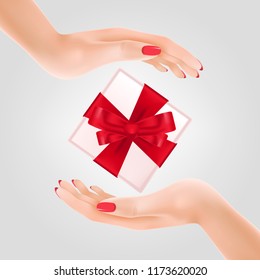 Gift box between two hands. Holiday, offer or sale advertising design. For leaflets, brochures, invitations, posters or banners.