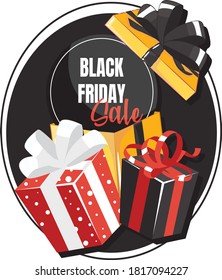 Gift box with big bow. Black friday sale template.