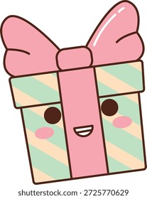 Geschenkbox mit großer Schleife, diagonaler Streifenverpackung und Kawaii-Gesicht mit Schimmer und Grinsen. Symbol für Feier, Überraschung, Freude und Belohnung für Party, Geburtstag und Feiertag. Cartoon, Vektorgrafik.