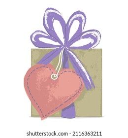 Gift box with big bow and heart shaped tag. Vector holiday clipart isolated on transparent background