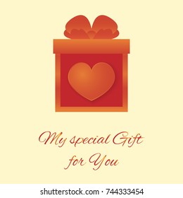 Gift box with big bow and heart. Vector illustration for Birthday, Christmas, Valentine day, big sale, gift certificate, gift card, greeting card, hang tag.