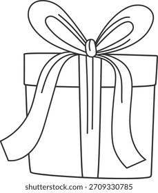 Caja de regalo con lazo grande y cinta larga en dibujo de arte de línea limpia. Presente paquete dibujado con trazos de contorno y detalle mínimo, envuelto con banda atada. Ilustración vectorial de dibujos animados