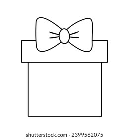 Gift box with big ribbon bow, doodle style flat vector outline for coloring book