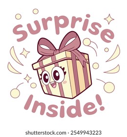 A gift box with a big ribbon and a cheerful expression, surrounded by graphic elements like circles and stars. It conveys excitement and happiness in opening a gift