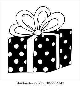 Gift box with big ribbon. Isolated hand drawn simple vector illustration in black and white.