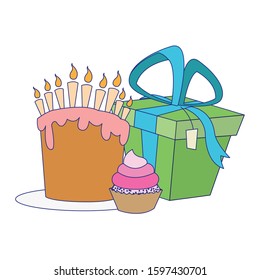 gift box with birthday cake and cupcake over white background, vector illustration